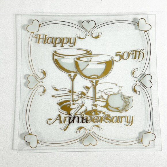 Vintage 50th Anniversary Glass Gift Tray Plate in Clear/Gold - 11"x11" - Picture 1 of 1